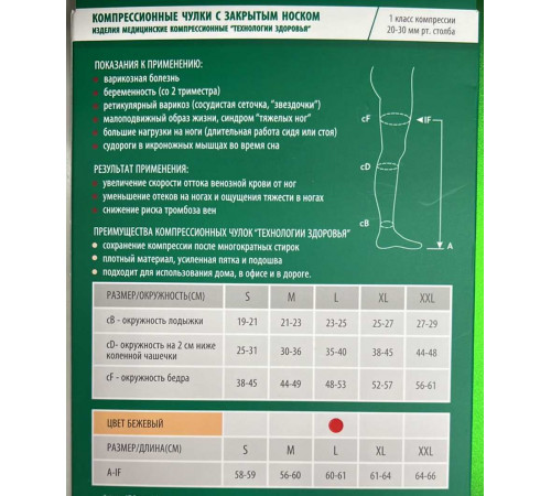 Чулки компрессионные закрытый нос 1 класс (силикон точки) 20-30мм